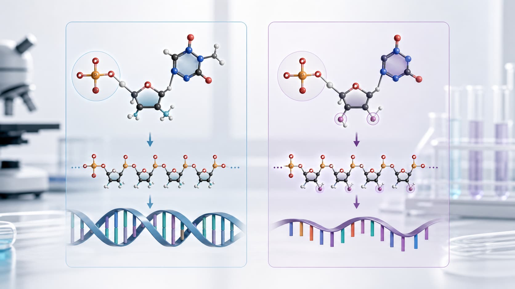 Comparison of DNA and RNA nucleotide monomers forming DNA and RNA strands