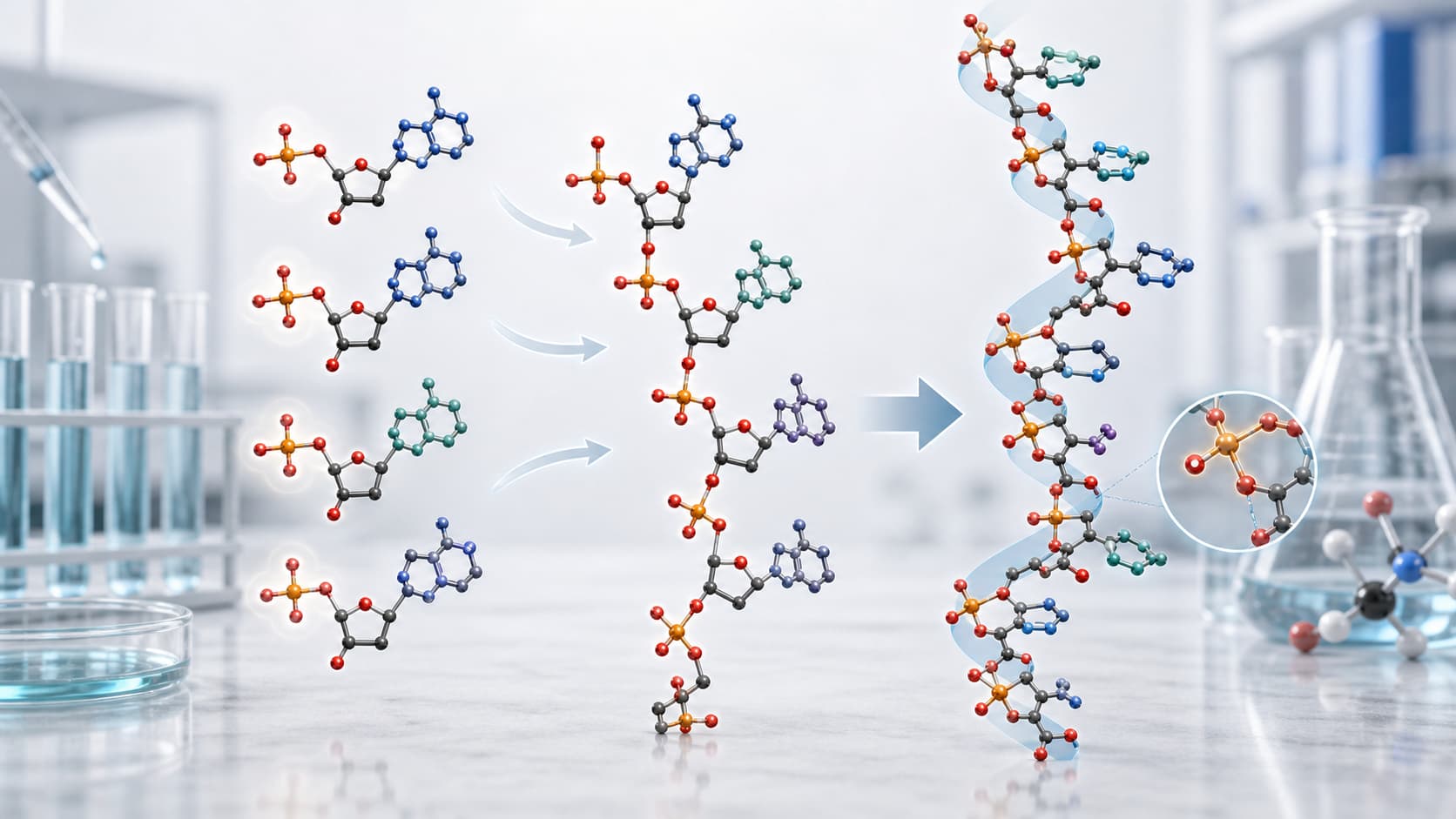 Nucleotide monomers joining through phosphodiester bonds to form a nucleic acid polymer
