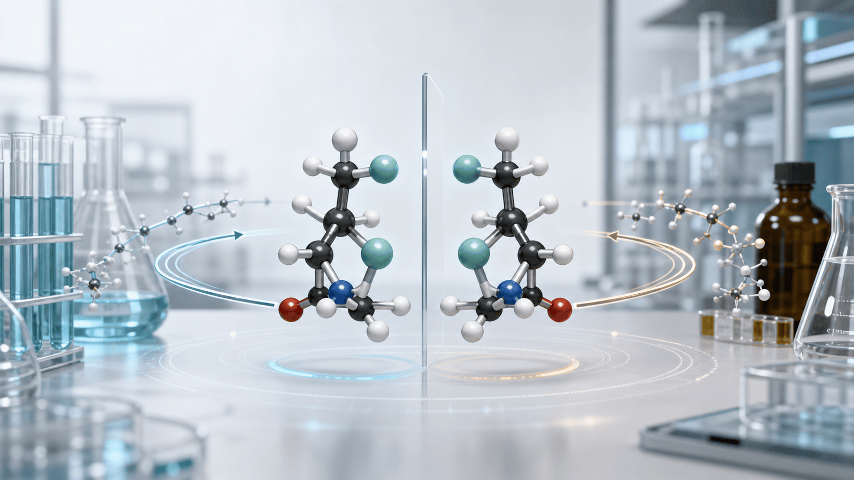 Chiral synthesis showing mirror-image enantiomers in a pharmaceutical laboratory