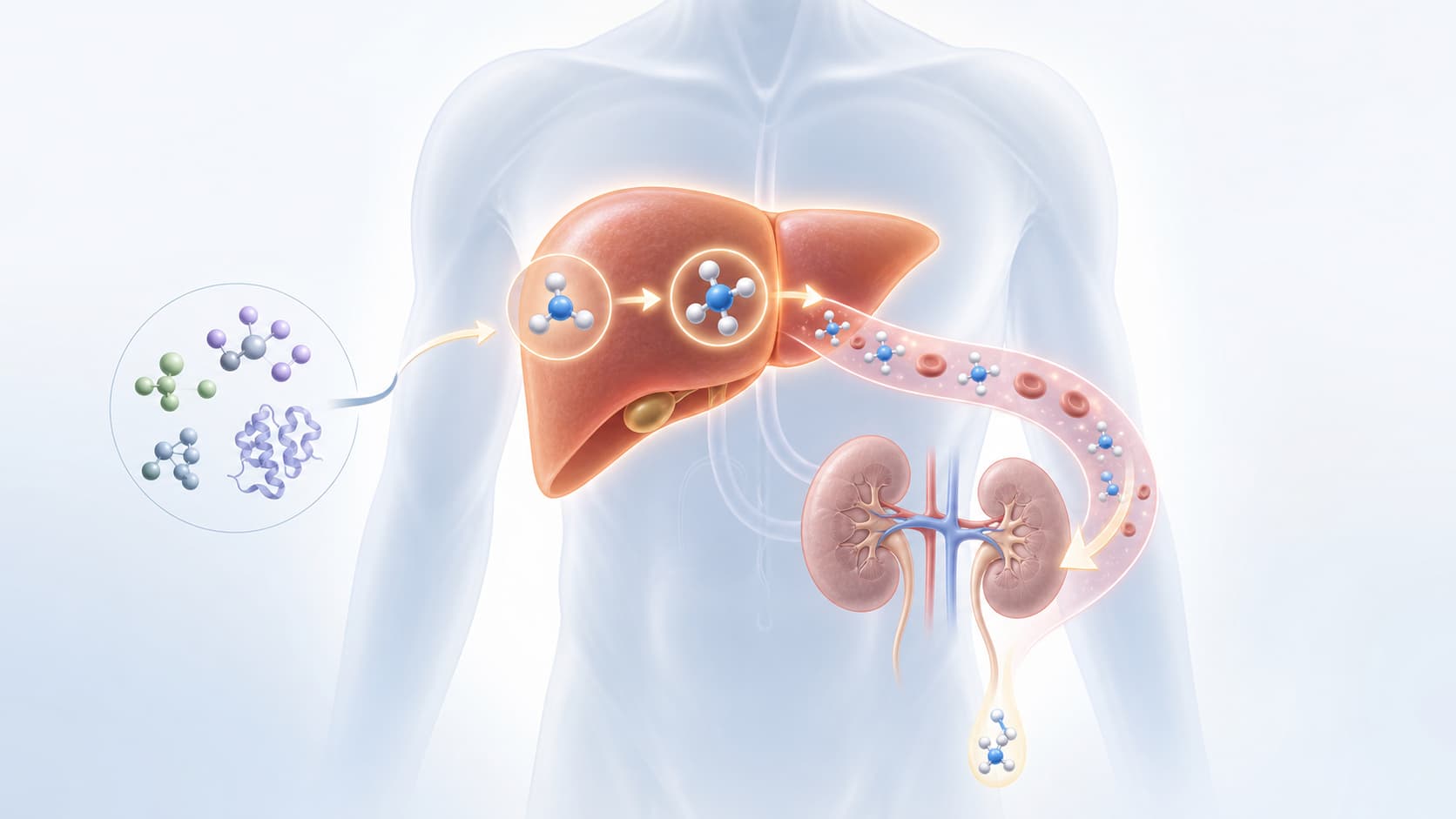 Illustration of urea production in the liver and excretion through the kidneys