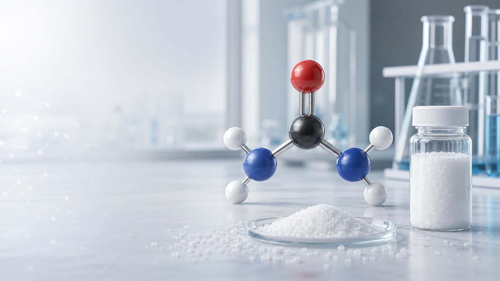 Urea molecule and crystalline urea powder in a modern pharmaceutical laboratory